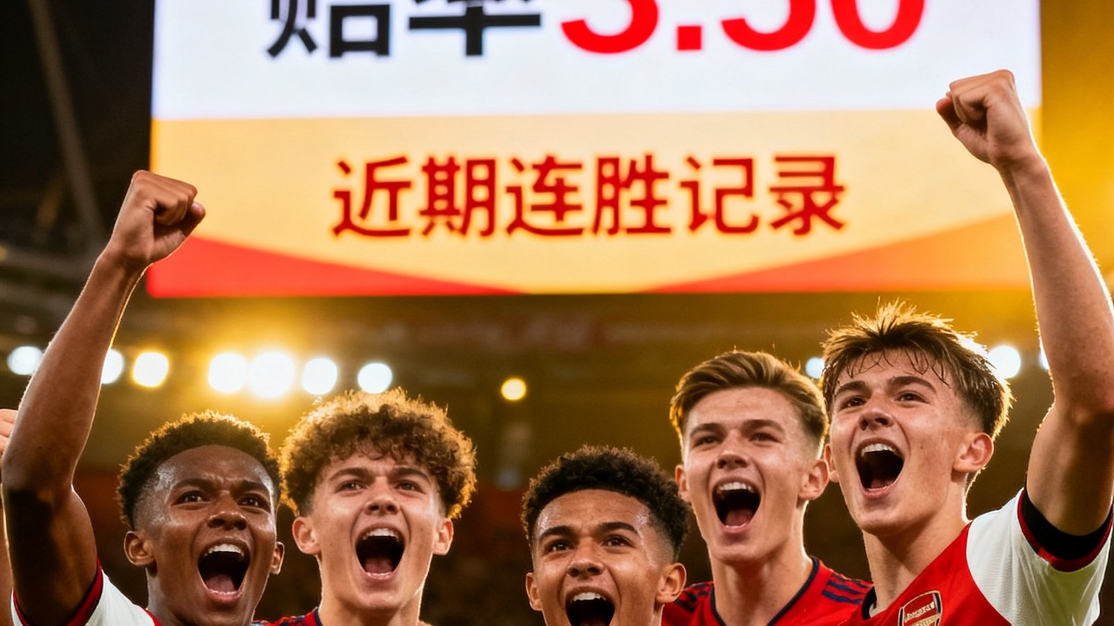 阿森纳年轻球员围圈呐喊，身后大屏幕展示赔率3.50及近期连胜记录