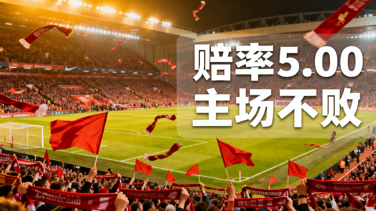 安菲尔德球场全景，利物浦球迷挥舞旗帜，赔率5.00与主场不败数据叠加